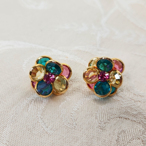 Swarovski Jewelry - Vintage Swarovski Austrian crystal bezel set earring studs green pink gold